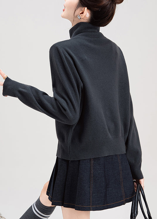 Dark Grey Zip Up High Neck Knit Sweaters Coat Spring