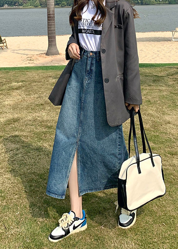 Denim Blue High Waist Side Open Cotton a Line Skirt Summer