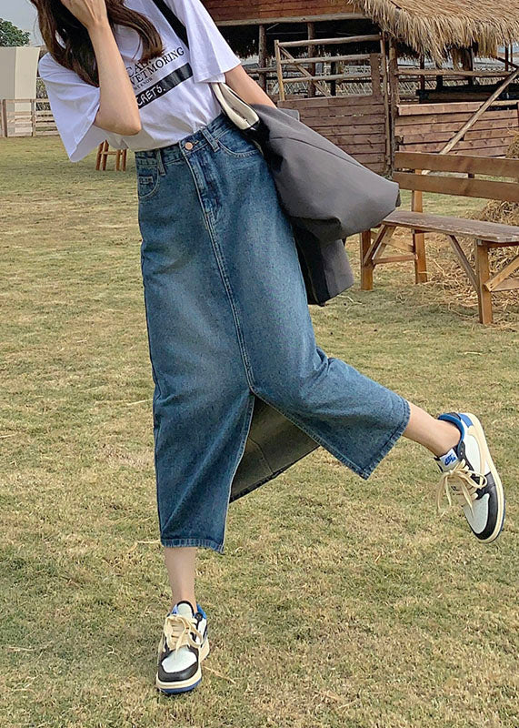 Denim Blue High Waist Side Open Cotton a Line Skirt Summer