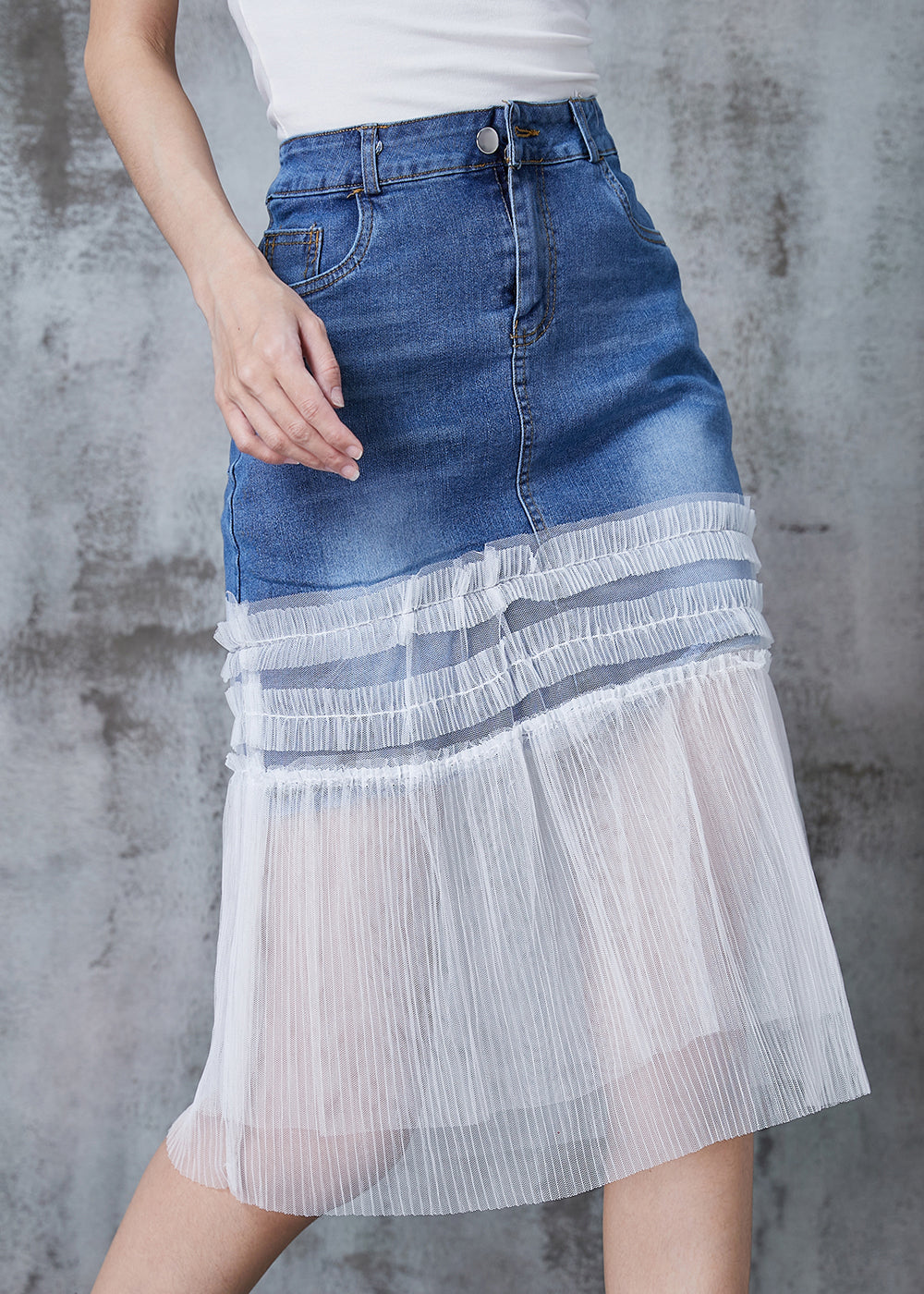 Denim Blue Ruffled Patchwork Tulle Skirt Summer
