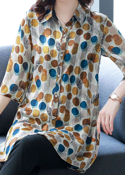Dot Print Peter Pan Collar Button Silk Shirt Top Summer