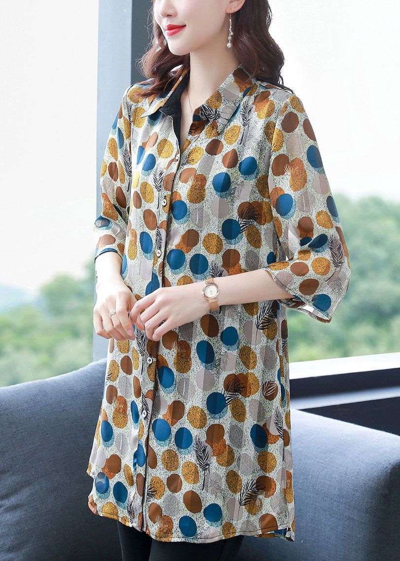 Dot Print Peter Pan Collar Button Silk Shirt Top Summer