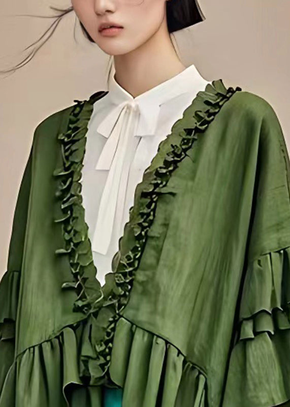 Dull Green V Neck Ruffled Patchwork Coats Long Sleeve