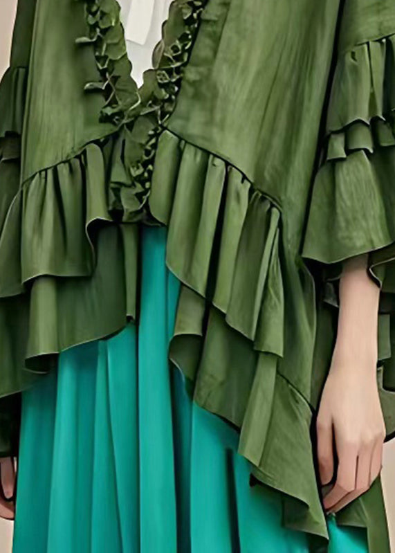 Dull Green V Neck Ruffled Patchwork Coats Long Sleeve