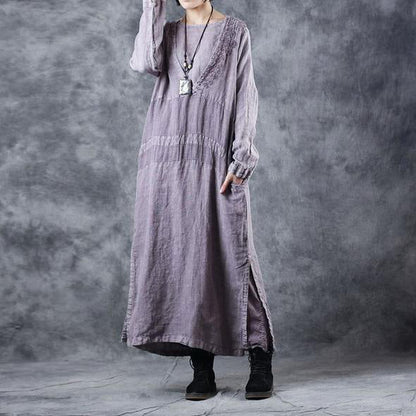 Embroidery Purple Cotton Linen Dresses for