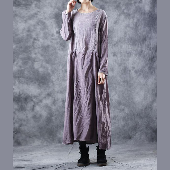 Embroidery Purple Cotton Linen Dresses for