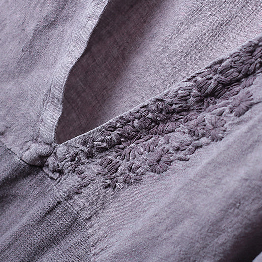 Embroidery Purple Cotton Linen Dresses for