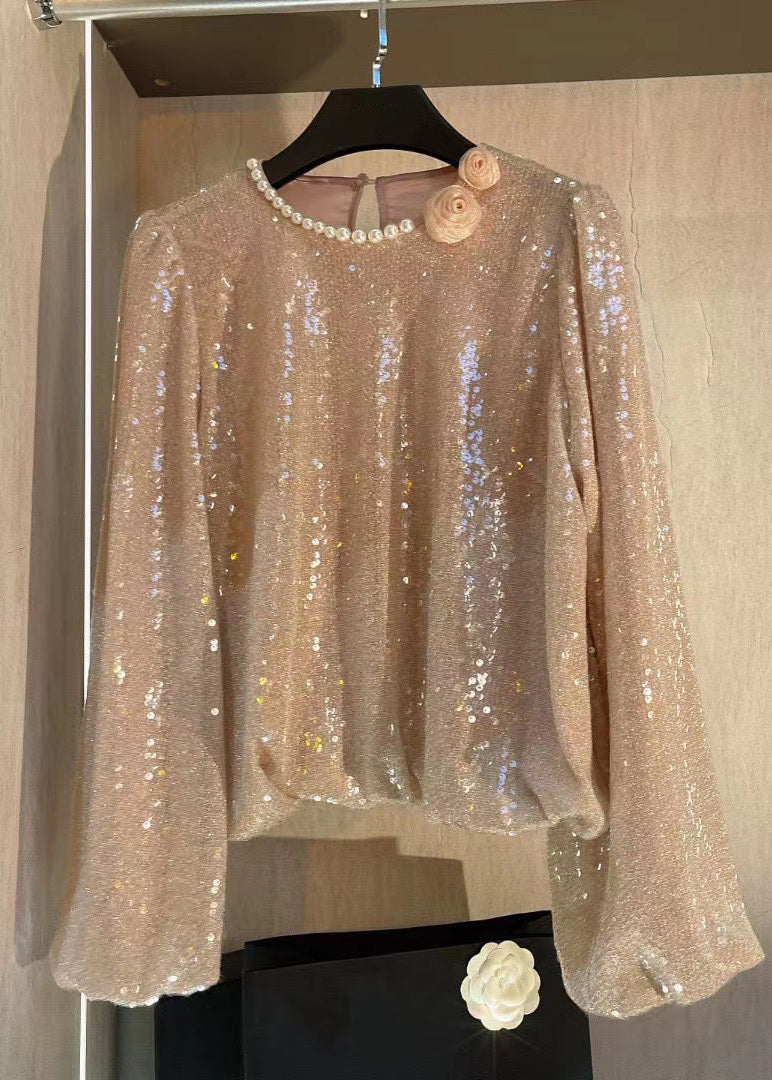 Pearl Embellished Lantern Sleeve Sequin Shirt
