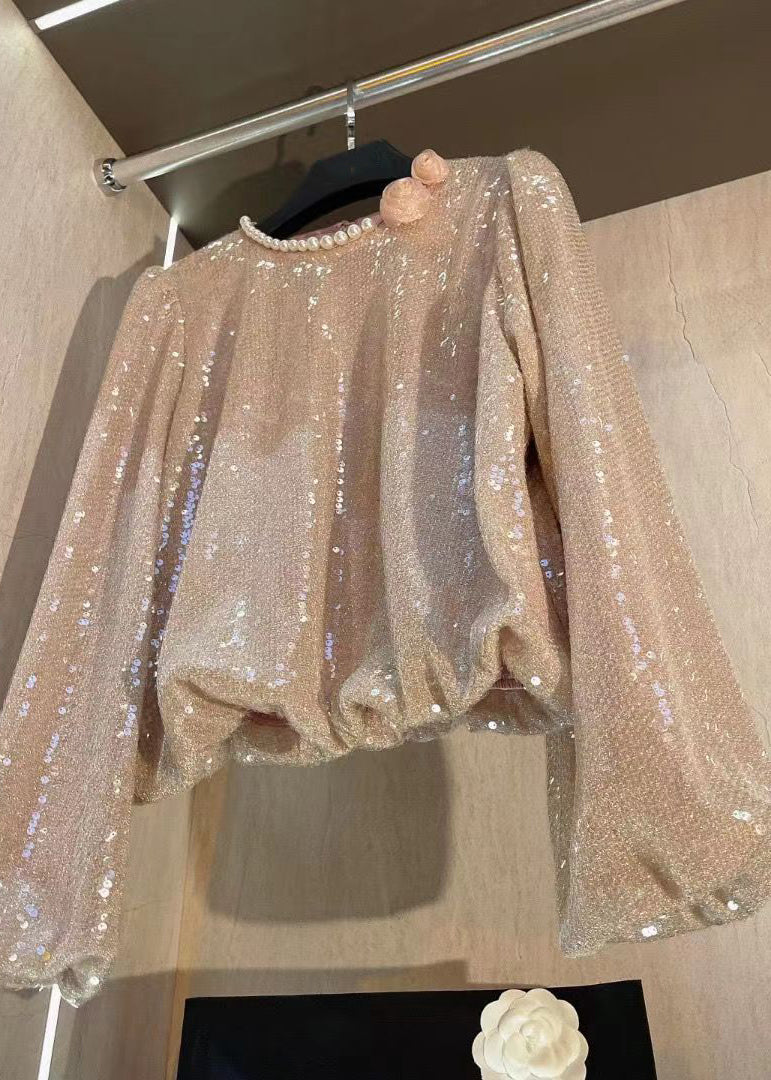 Pearl Embellished Lantern Sleeve Sequin Shirt