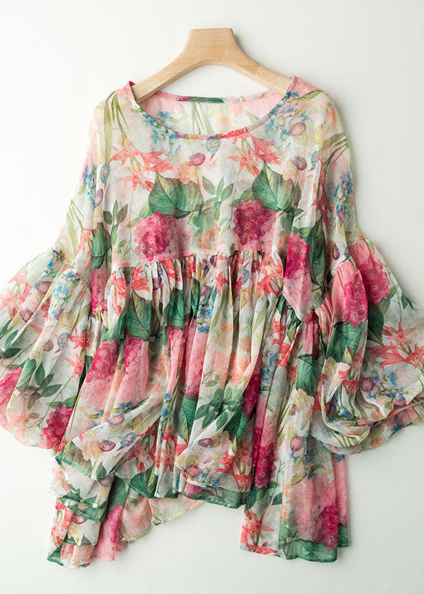 Print Wrinkled Patchwork Chiffon Blouses Lantern Sleeve