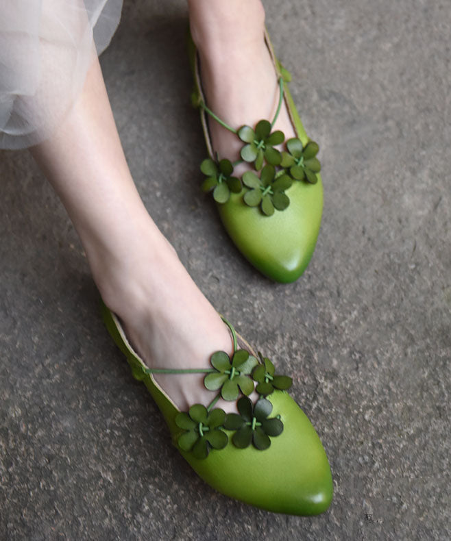 Splicing Flat Shoes Pointed Toe Green Cowhide Leather