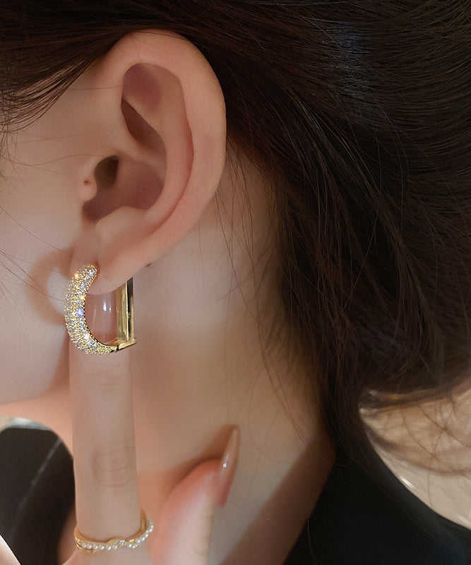 Gold Copper Alloy Zircon D Type Hoop Earrings
