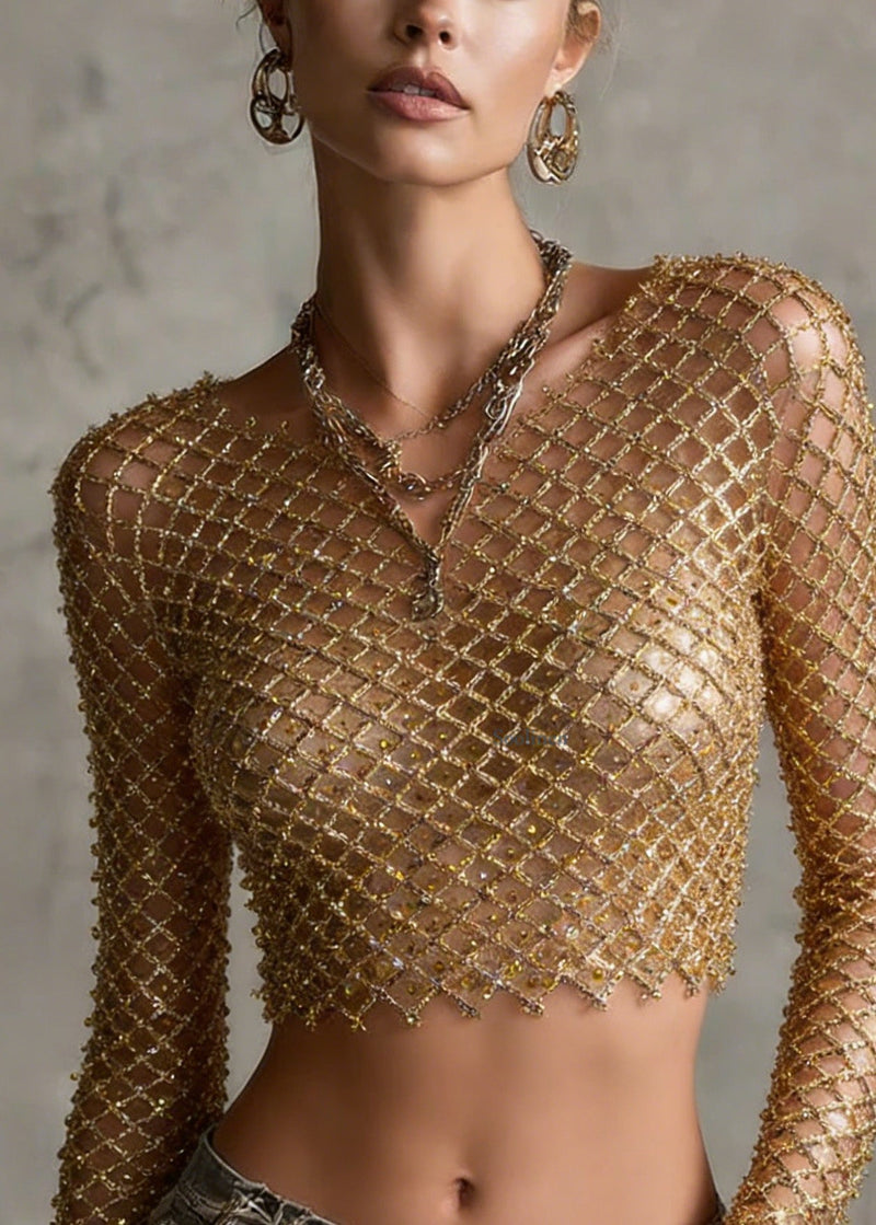 Gold O Neck Sequins Nail Bead Short Top Spring