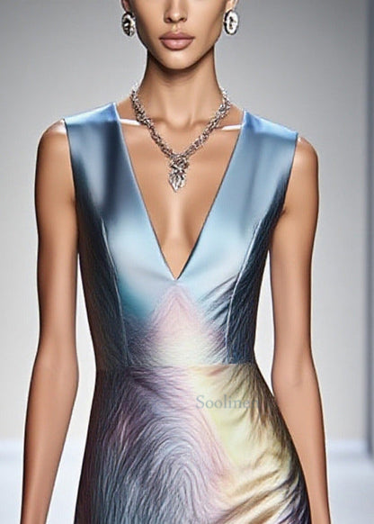 Gradient Blue V Neck Silm Fit Silk Tea Dress Sleeveless