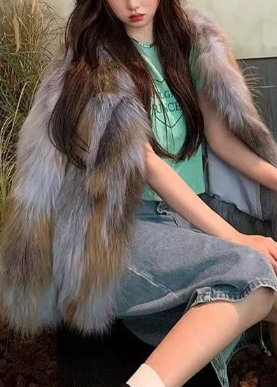 Gradient Color Oversized Warm Faux Fox Fur Coats Winter