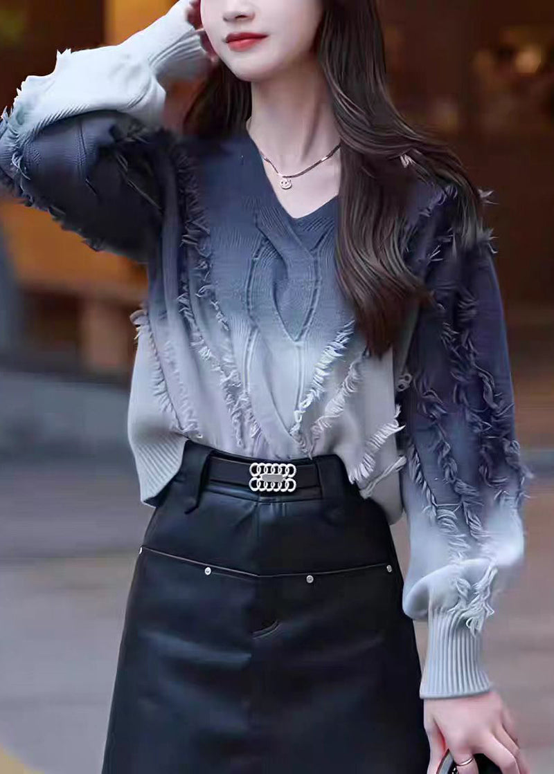 Gradient Color Tassel Knitted Sweater Tops Fall