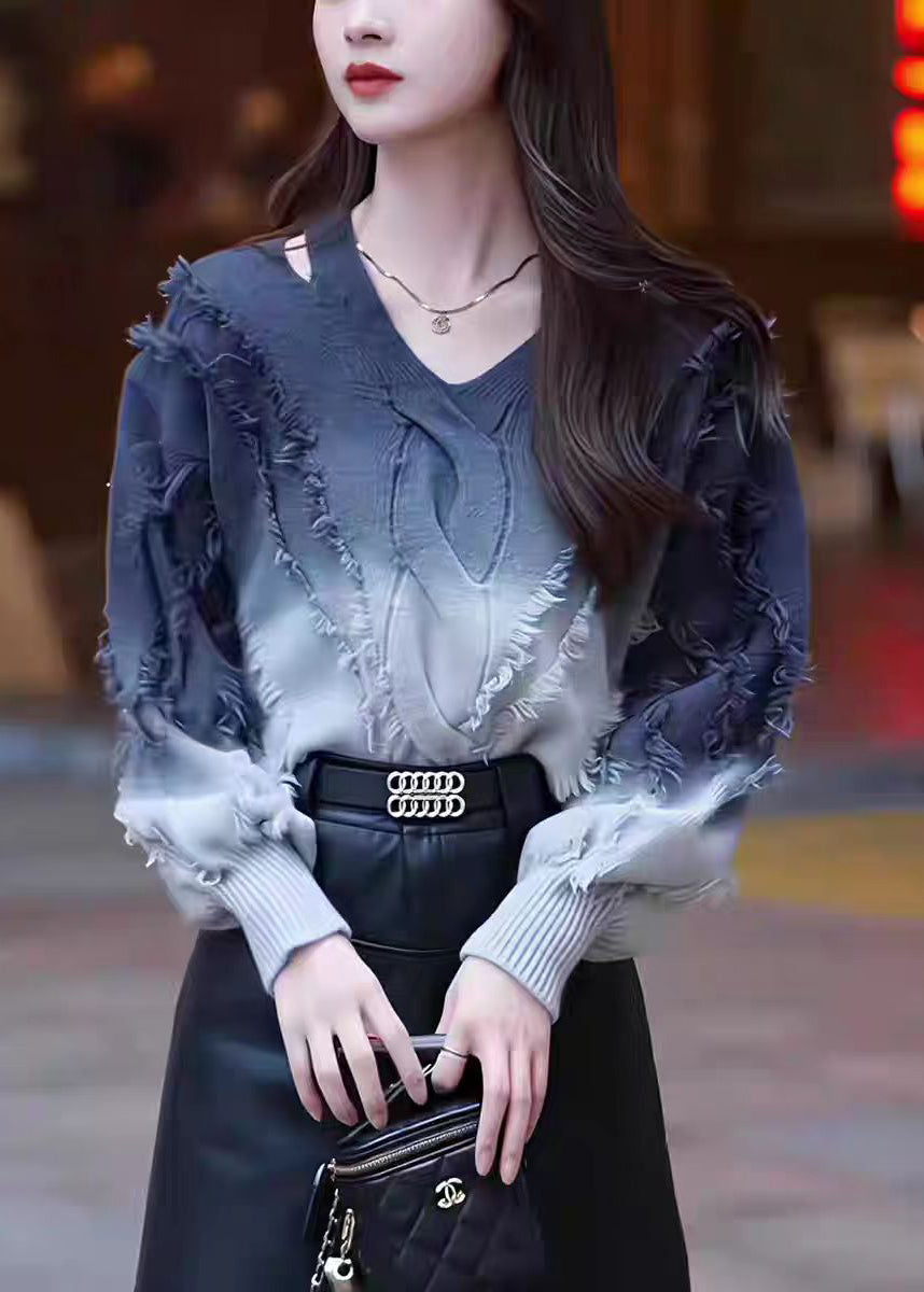 Gradient Color Tassel Knitted Sweater Tops Fall