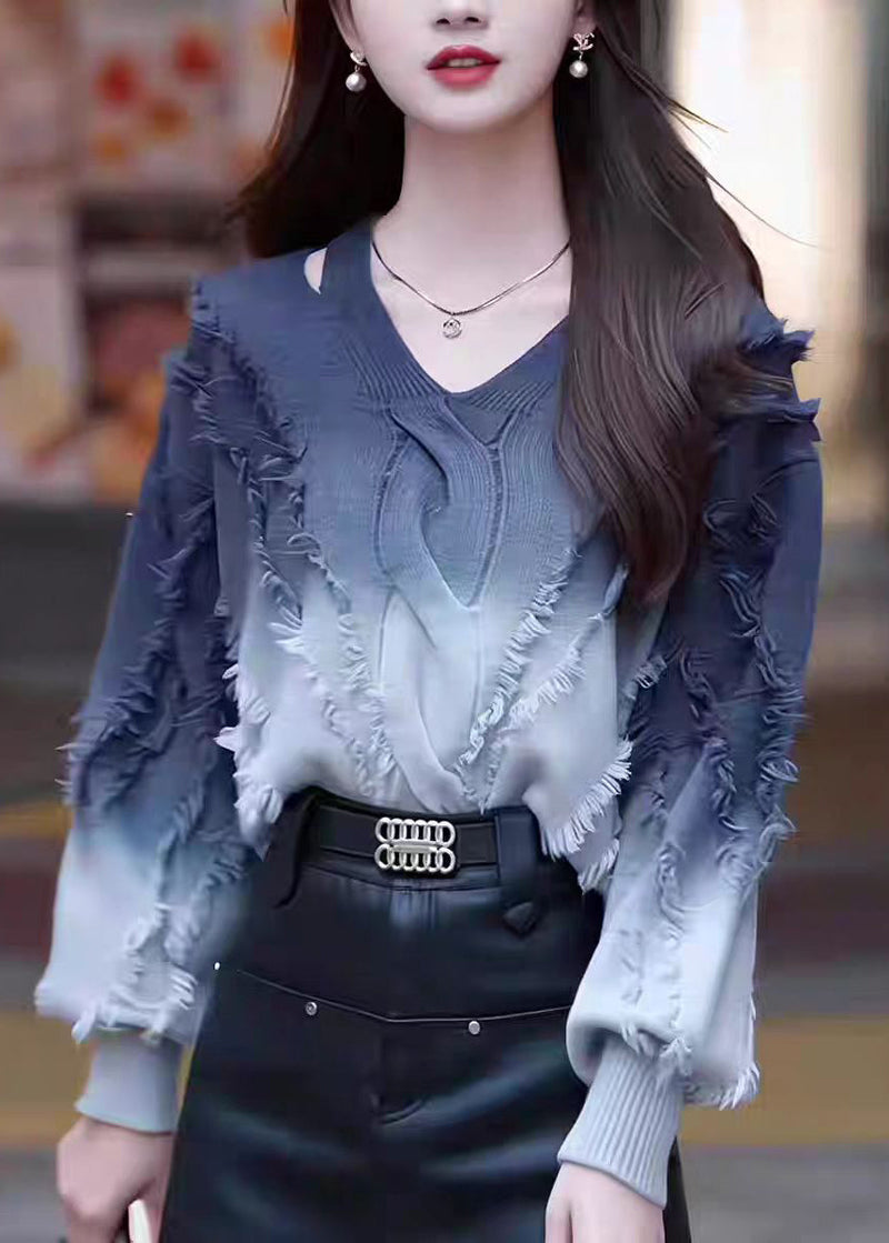 Gradient Color Tassel Knitted Sweater Tops Fall