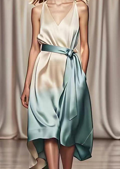 Gradient Color Tie Waist Draping Silk Maxi Dresses Summer