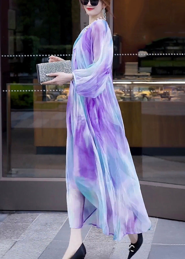 Gradient Color V Neck Print Wrinkled Chiffon Dress Long Sleeve