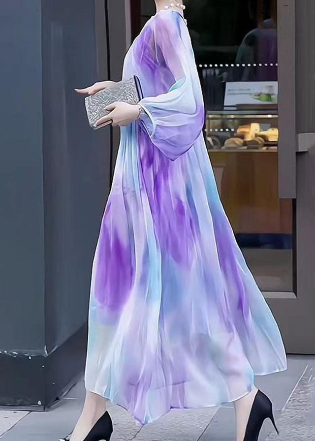 Gradient Color V Neck Print Wrinkled Chiffon Dress Long Sleeve