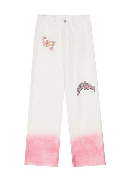 Gradient Pink Embroideried High Waist Denim Straight Pants Spring