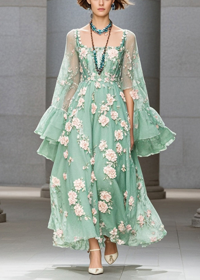 Grass Green Three-dimensional Chiffon Dress Flare Sleeve