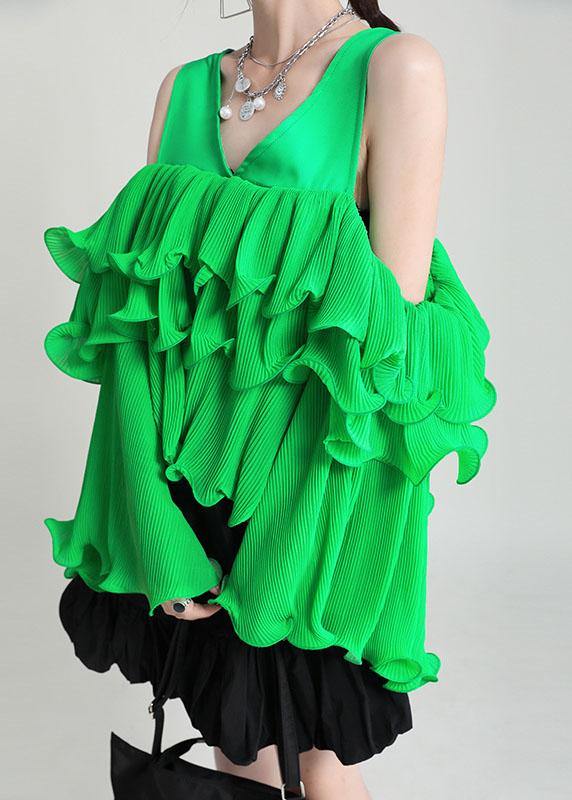 Fashion Green Asymmetrical Design Ruffled Cold Shoulder Chiffon Top Long Sleeve