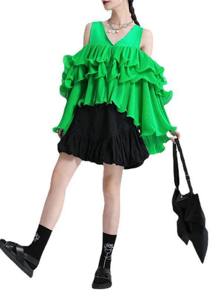 Fashion Green Asymmetrical Design Ruffled Cold Shoulder Chiffon Top Long Sleeve