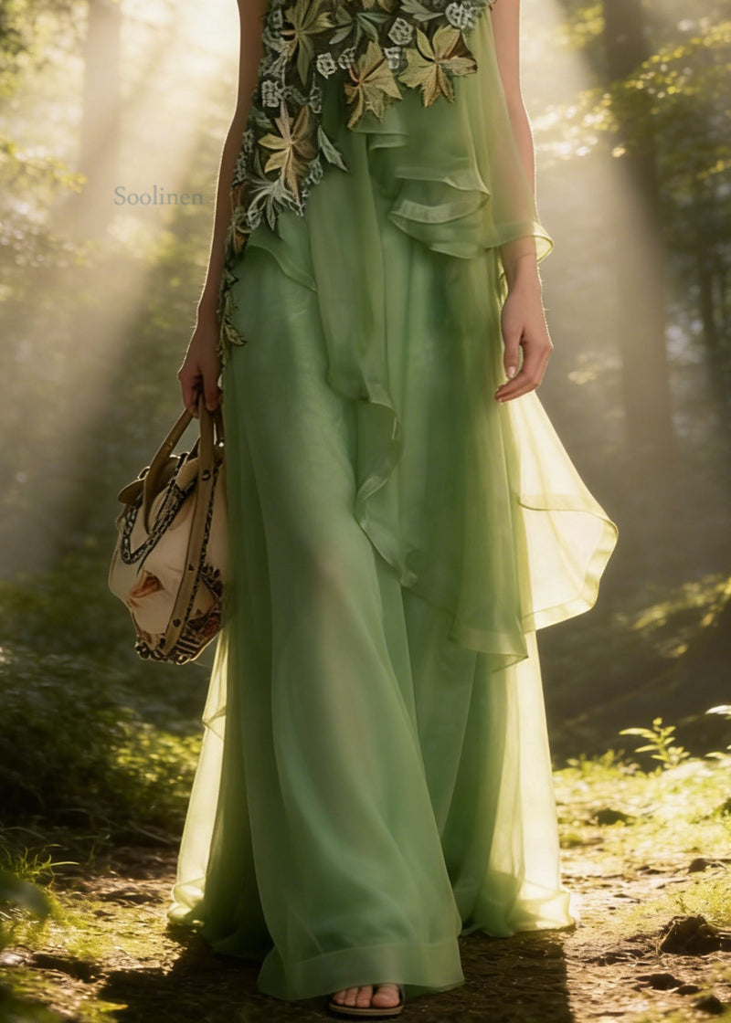 Green Asymmetrical Patchwork Tulle Spaghetti Strap Dress Summer