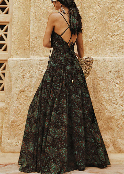 Green Backless Print Lace Up Chiffon Spaghetti Strap Dress Sleeveless