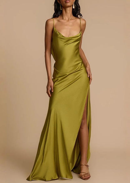 Green Backless Side Open Silk Cami Dress Summer