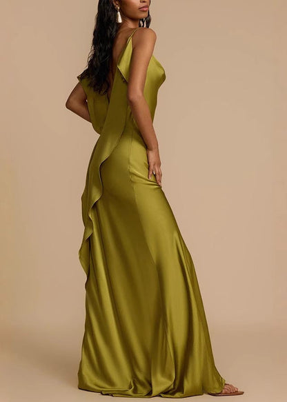 Green Backless Side Open Silk Cami Dress Summer