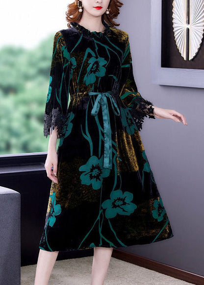 Green Cinched Jacquard Silk Velour Long Dress Spring