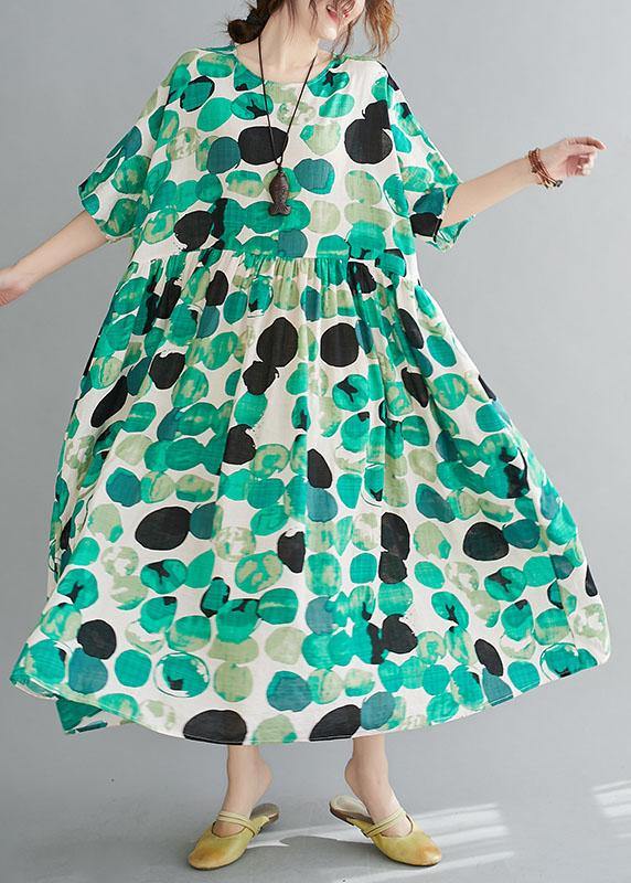 Green Dot Print Pockets Summer Vacation Dresses Half Sleeve