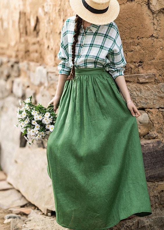 Green Elastic Waist a Line Skirts Summer Linen