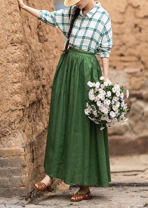 Green Elastic Waist a Line Skirts Summer Linen