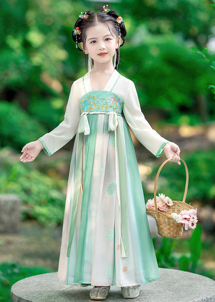 Green Embroideried Patchwork Tie Waist Kids Long Dress Long Sleeve