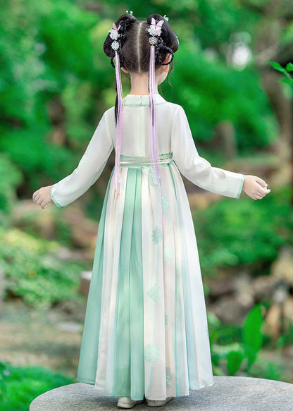 Green Embroideried Patchwork Tie Waist Kids Long Dress Long Sleeve