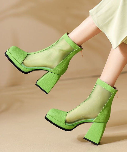 Green Faux Leather Thin Boots Splicing Tulle