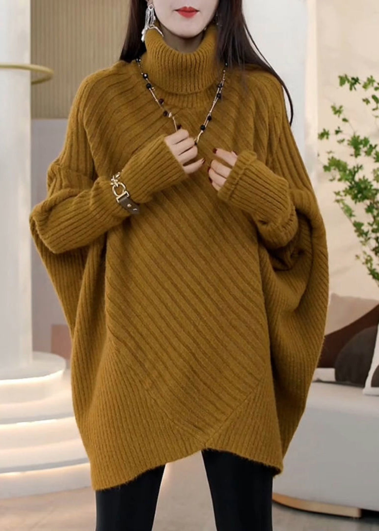 Green Hign Neck Asymmetrical Patchwork Knit Pullover Batwing Sleeve