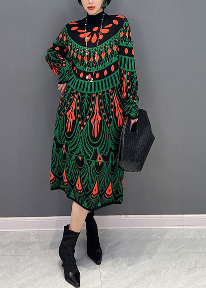 Green Hign Neck Print Knit Long Dress Winter
