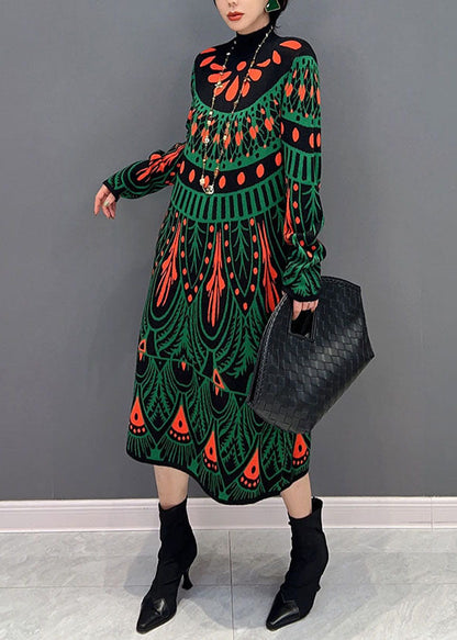 Green Hign Neck Print Knit Long Dress Winter