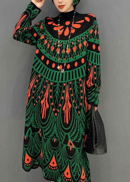 Green Hign Neck Print Knit Long Dress Winter