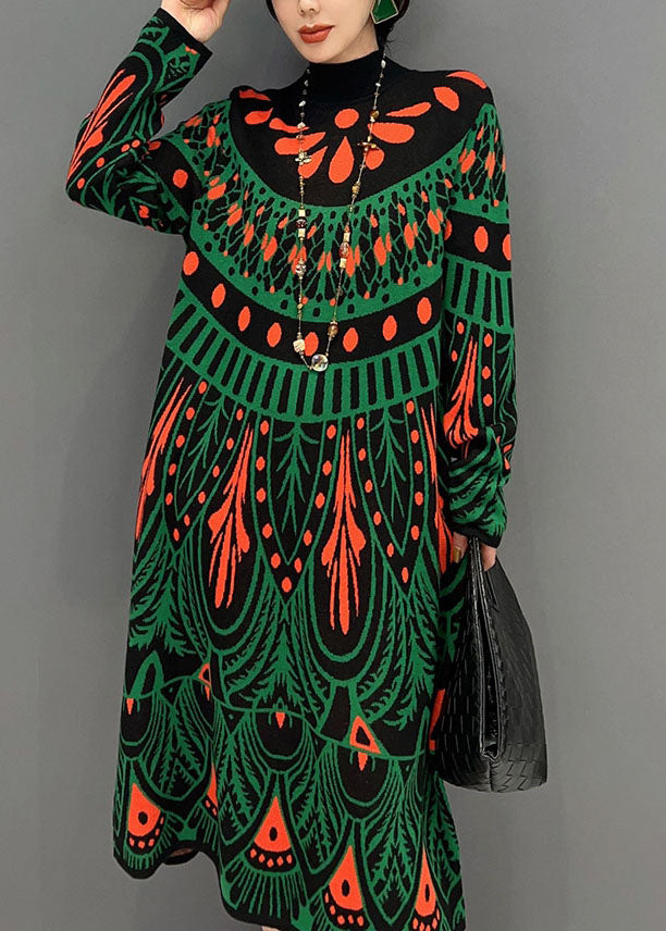 Green Hign Neck Print Knit Long Dress Winter