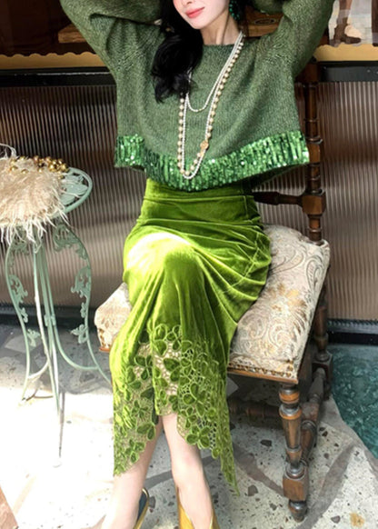 Green Hollow Out Cotton Knit Sweaters Spring