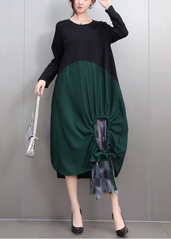 Green Hollow Out Tie Waist Long Dress Long Sleeve