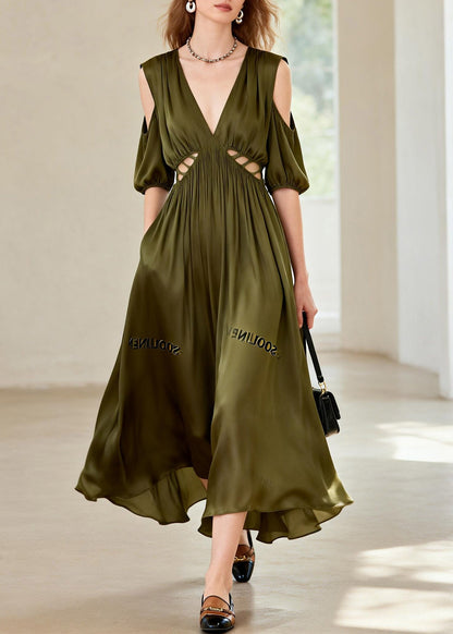 Green Hollow Out Wrinkled Chiffon Long Dress Summer