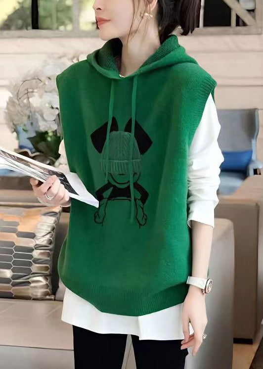 Green Hooded Patchwork Knit Vest Top Sleeveless