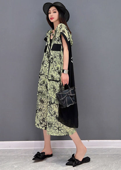 Green Hooded Patchwork Print Low High Design Chiffon Two Pieces Set Summer